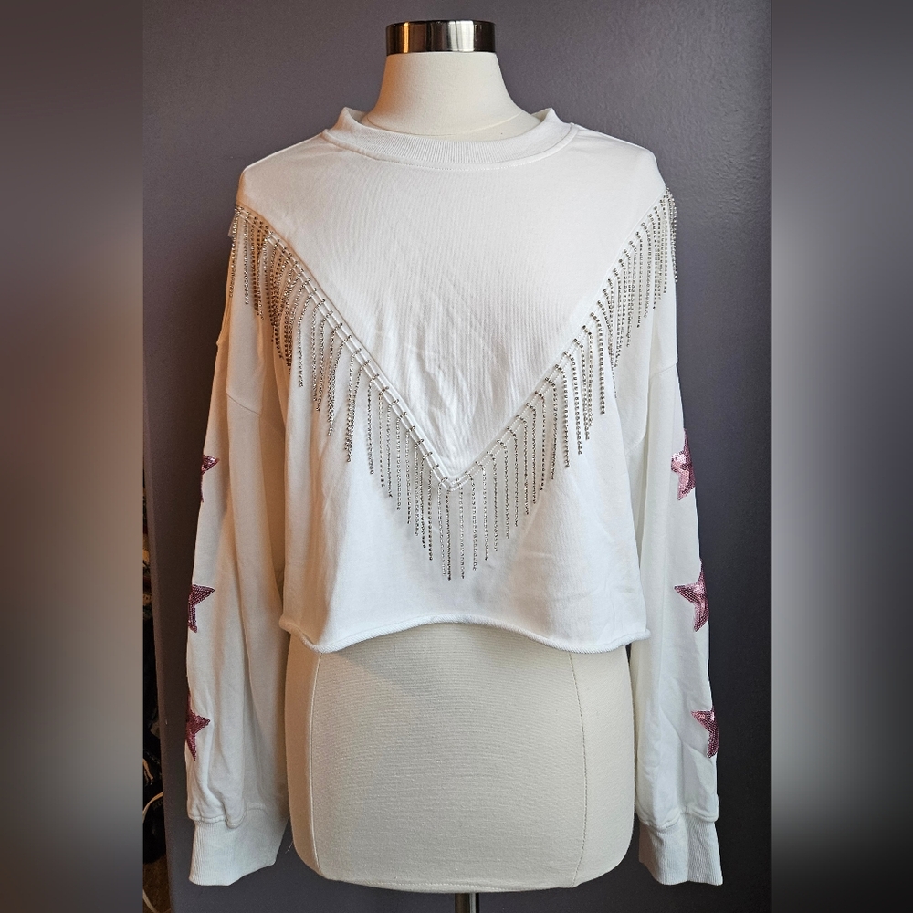White Fringe Star Embellished Women's Top
